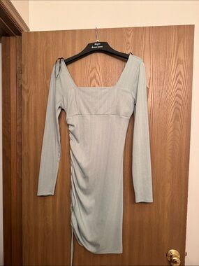 Forever 21 Sage Green Long Sleeve Square Neck Ruched Bodycon Dress